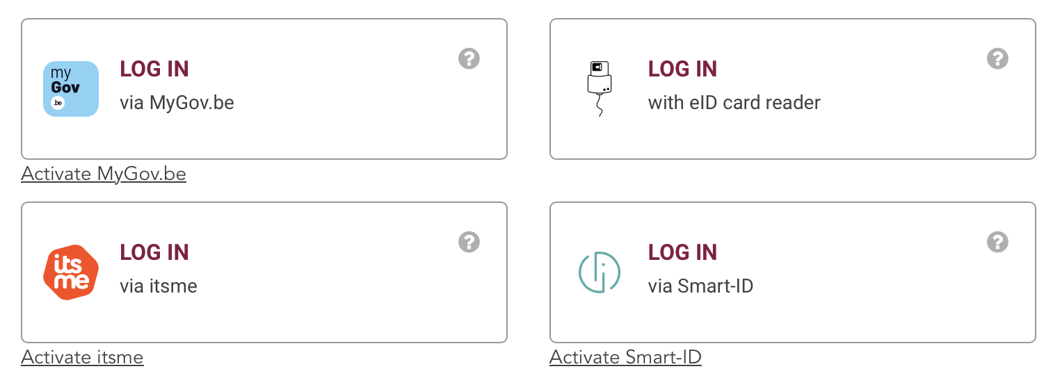 CSAM-aanmeldscherm met vier opties: MyGov.be, eID-kaartlezer, itsme en Smart-ID